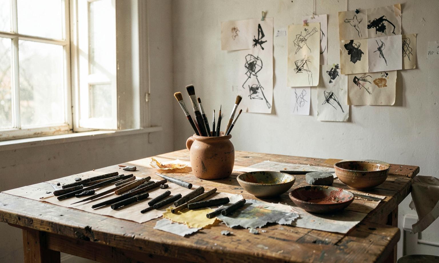 An artist's studio worktable with brushes, charcoal, pigment bowls and sketches on the wall