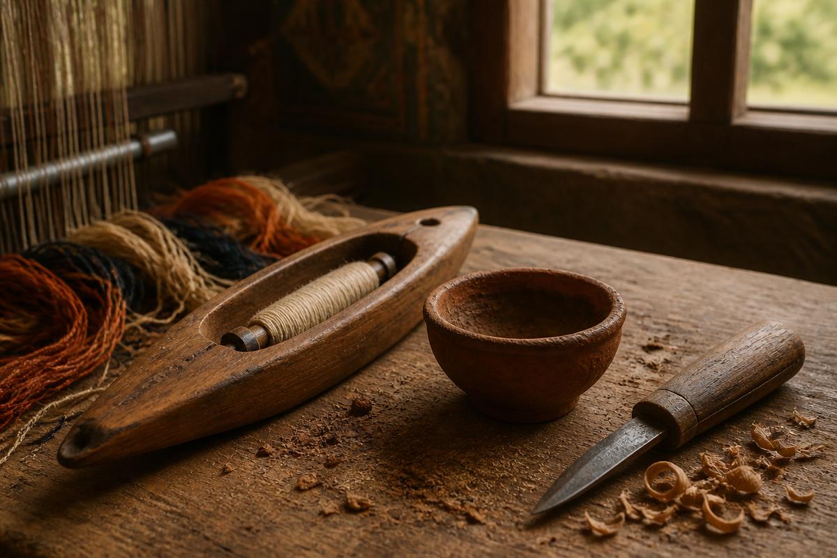 A weaving shuttle, clay bowl and wood carving knife arranged on a studio table