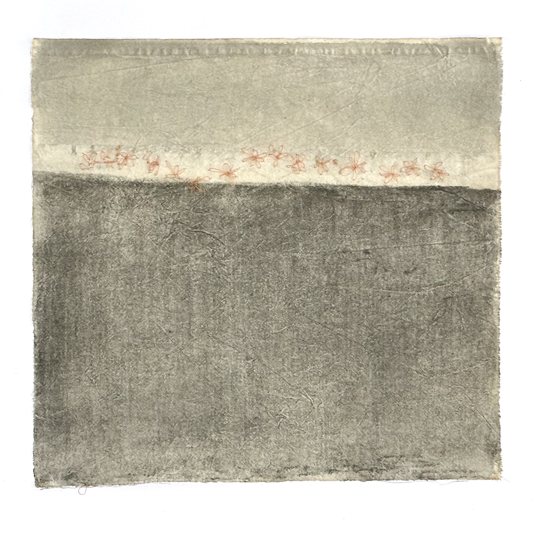 Unstretched canvas with grey horizon and pink floral stitching