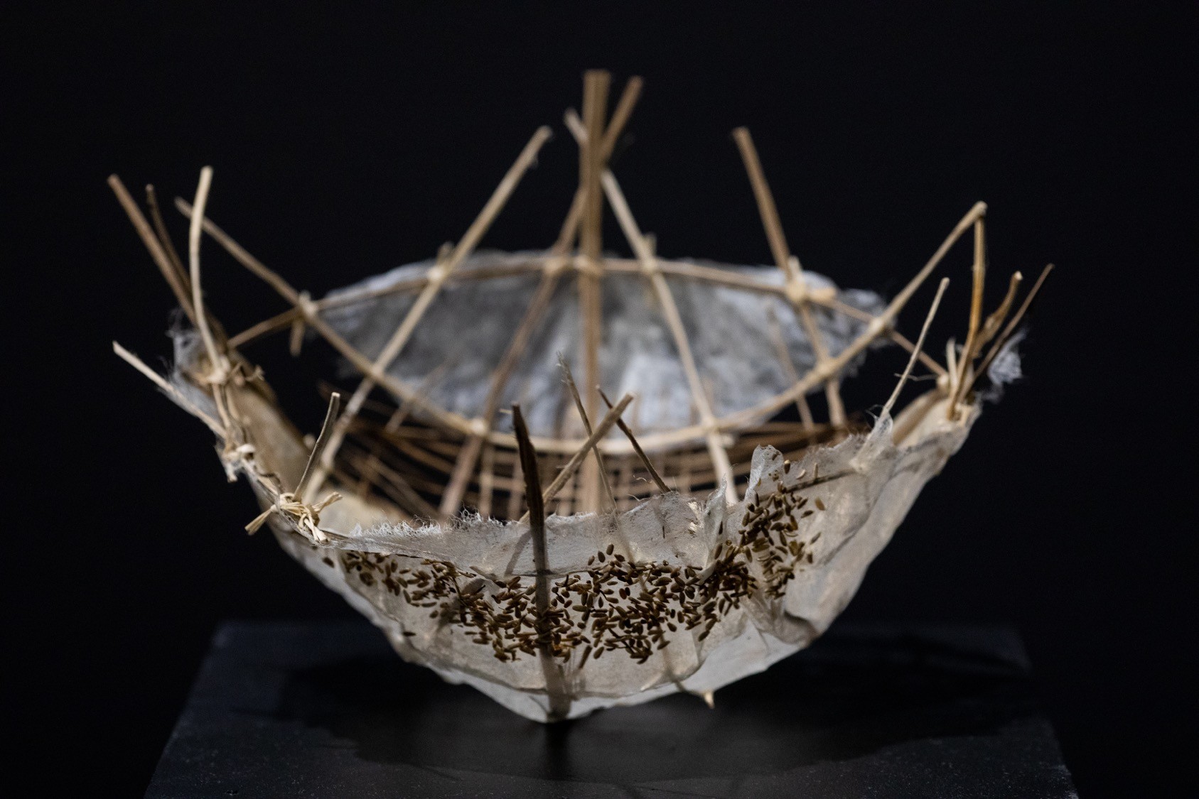 Bowl woven from sticks and thistle paper