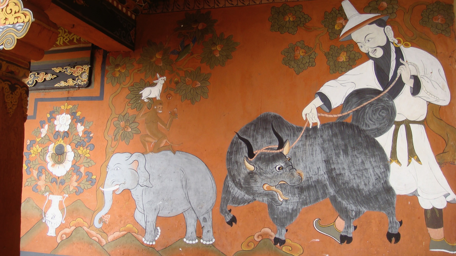 Traditional temple painting with figures and animals
