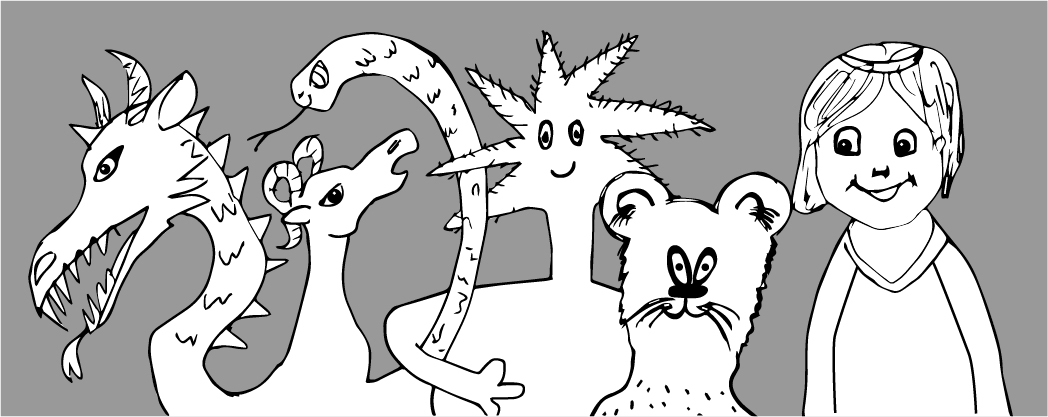 A child's black-and-white drawing of a dragon, goat, star creature, lion and a girl