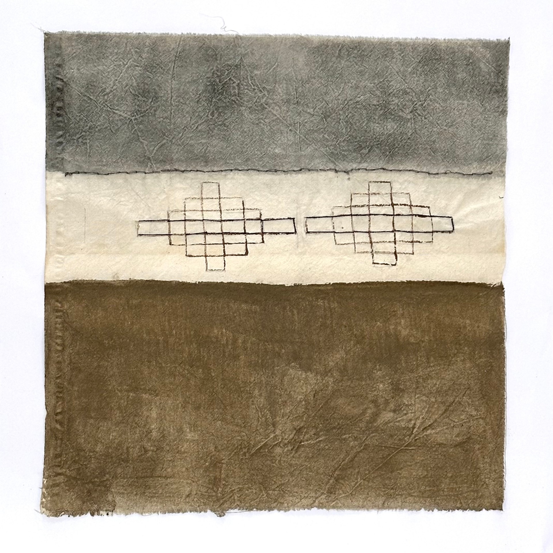 Unstretched canvas with grey, cream, and olive bands and grid motif
